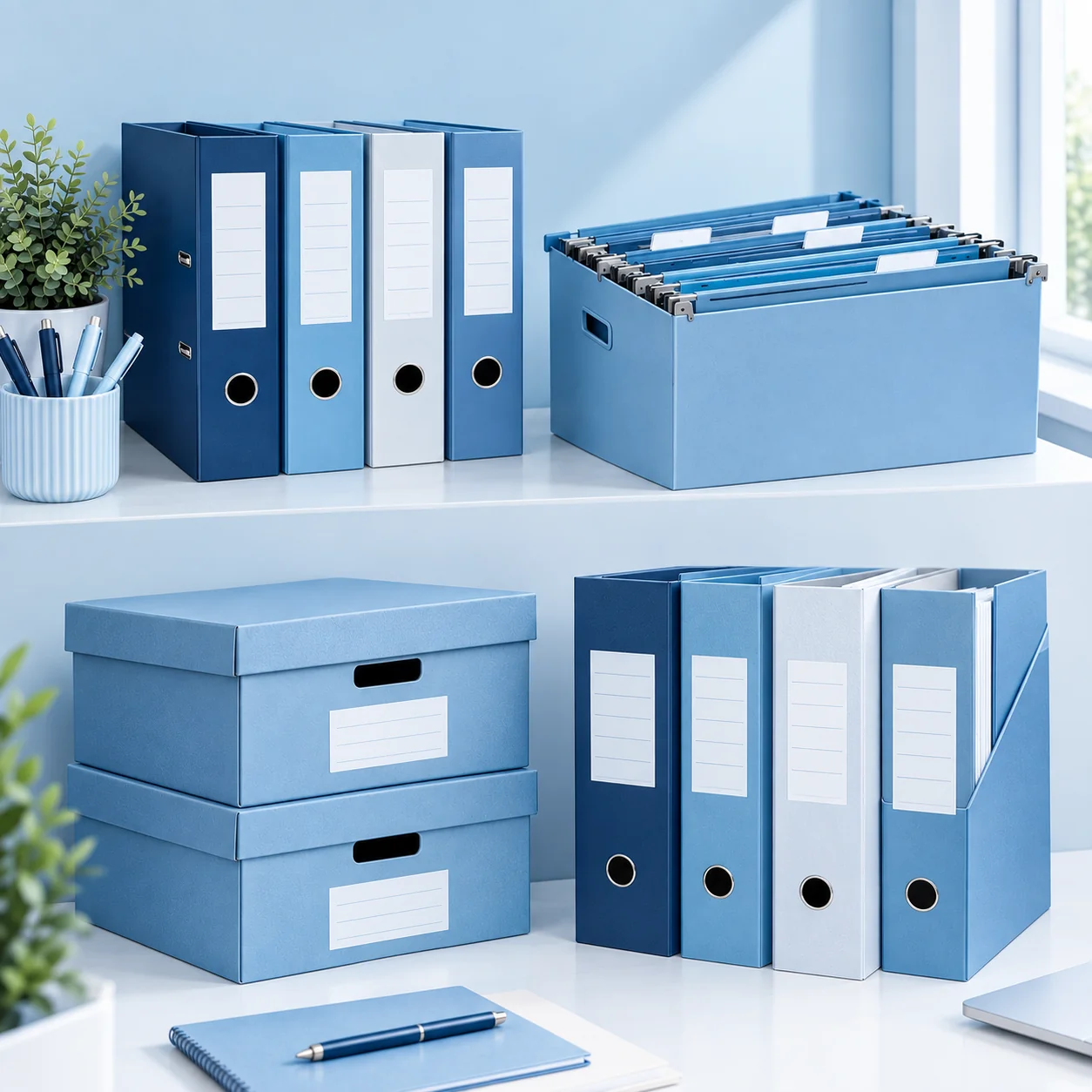 Neatly organised desk with office stationery and supplies